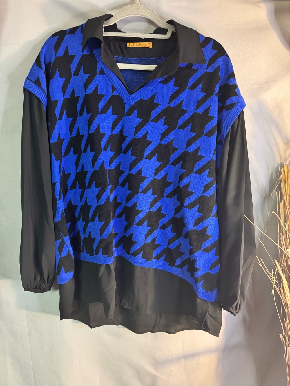 Blue and Black Houndstooth Sweater Layered Women's Top